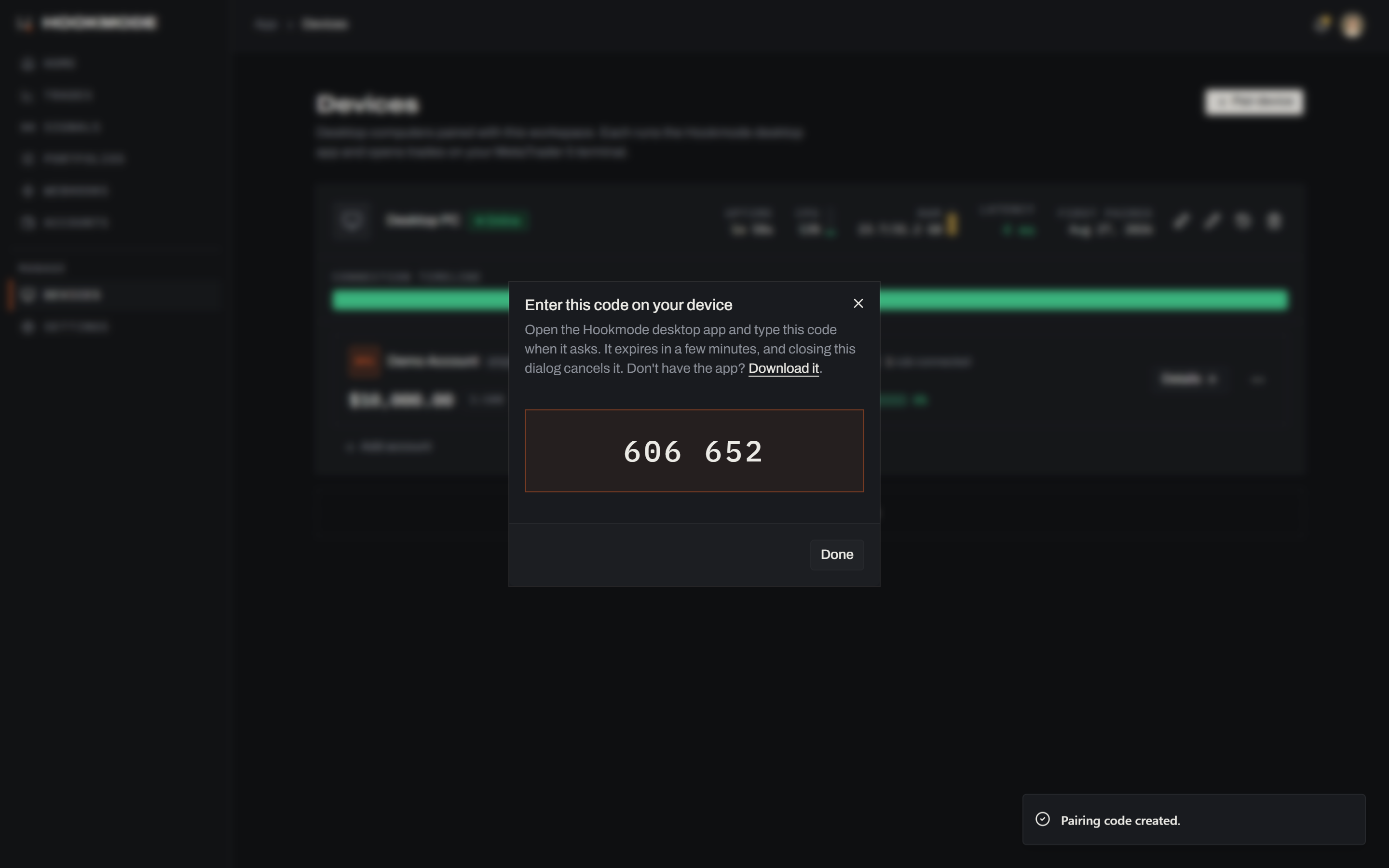 The Pair device dialog in the Hookmode web app showing a 6-digit pairing code.