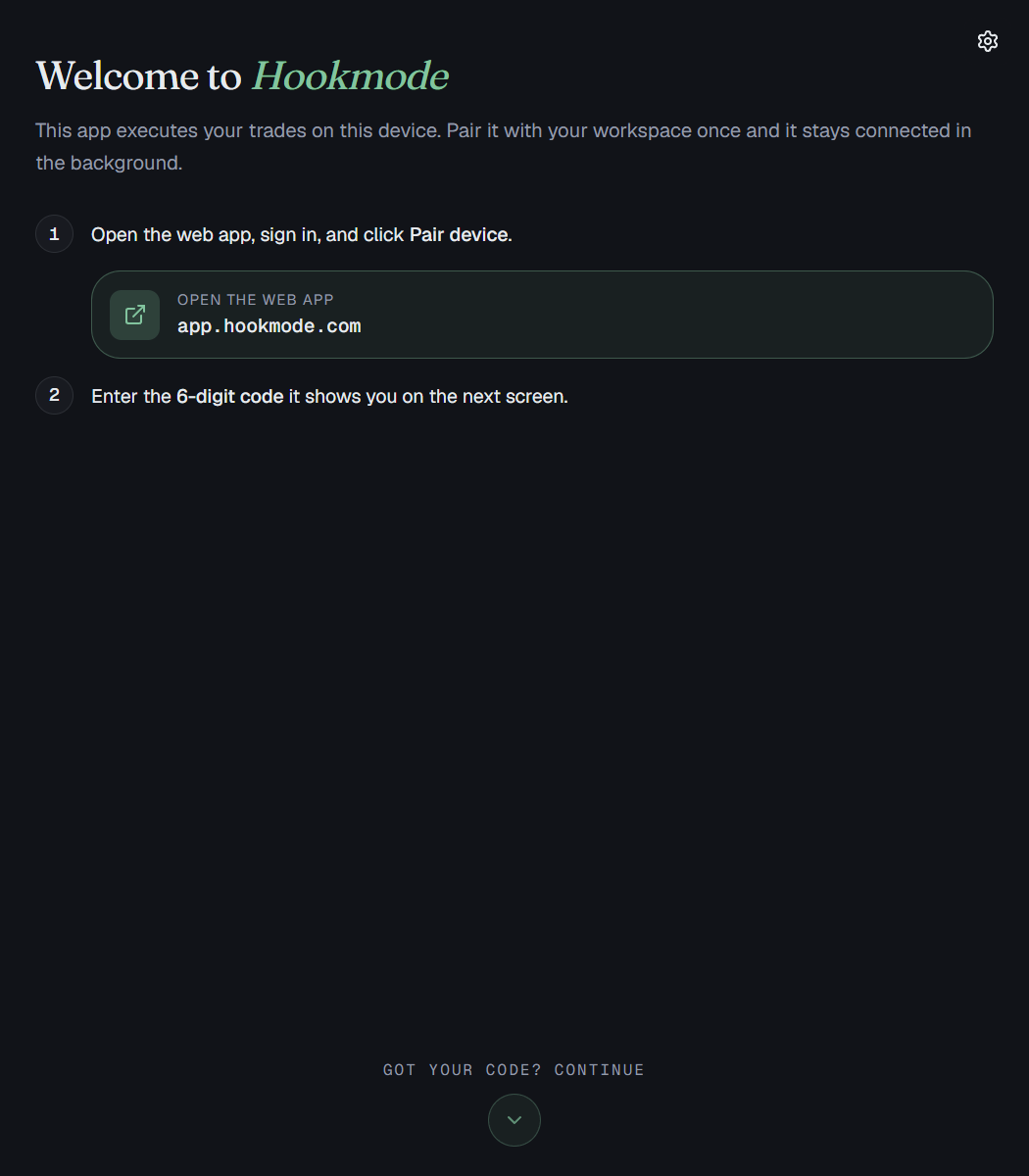 The Hookmode desktop app setup screen on first launch, asking for the 6-digit pairing code.