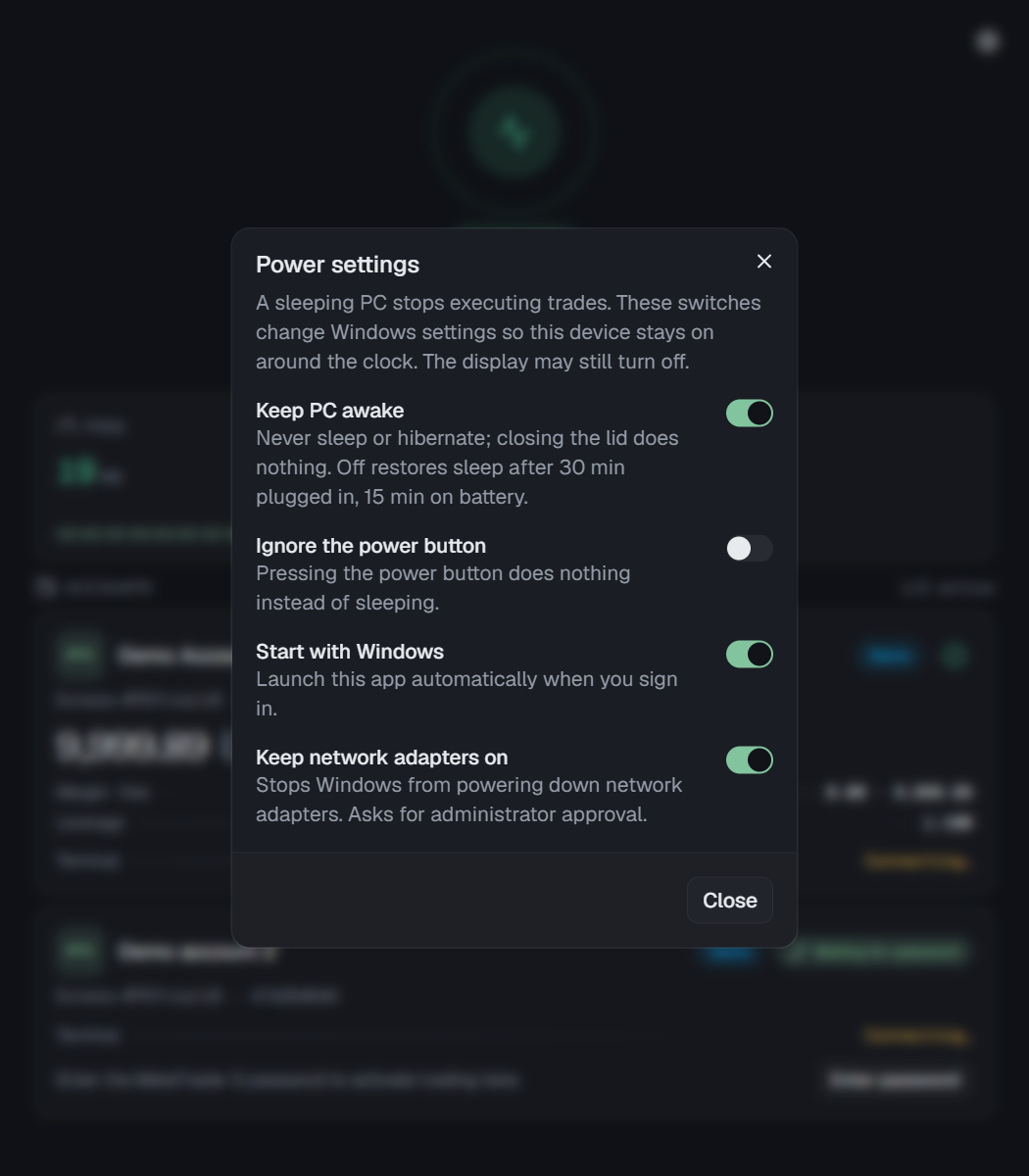 The Power settings dialog of the Hookmode desktop app: Keep PC awake, Ignore the power button, Start with Windows, Keep network adapters on.