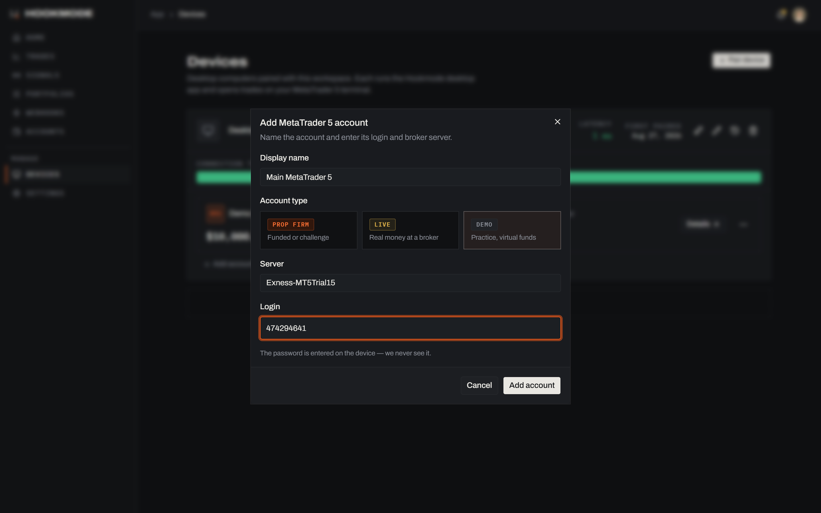 The Add MetaTrader 5 account dialog in the Hookmode web app: display name, account type, server and login; no password field.