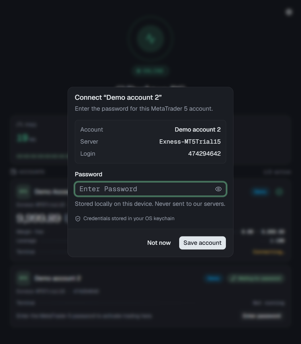 The Hookmode desktop app password prompt for a new MetaTrader 5 account, with the name and server shown read-only.