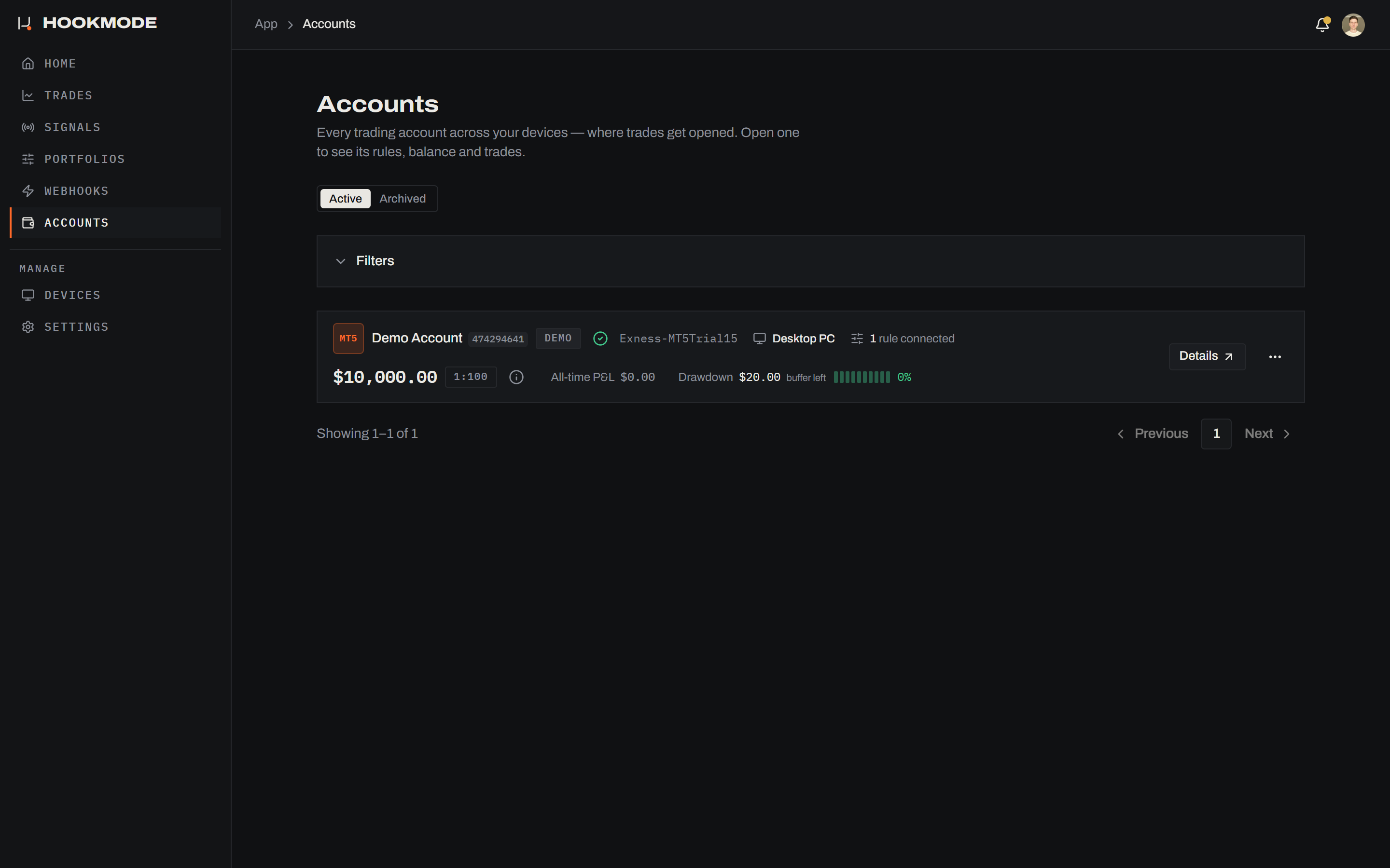The Accounts page in the Hookmode web app with one account in the Active state and its account type tag.