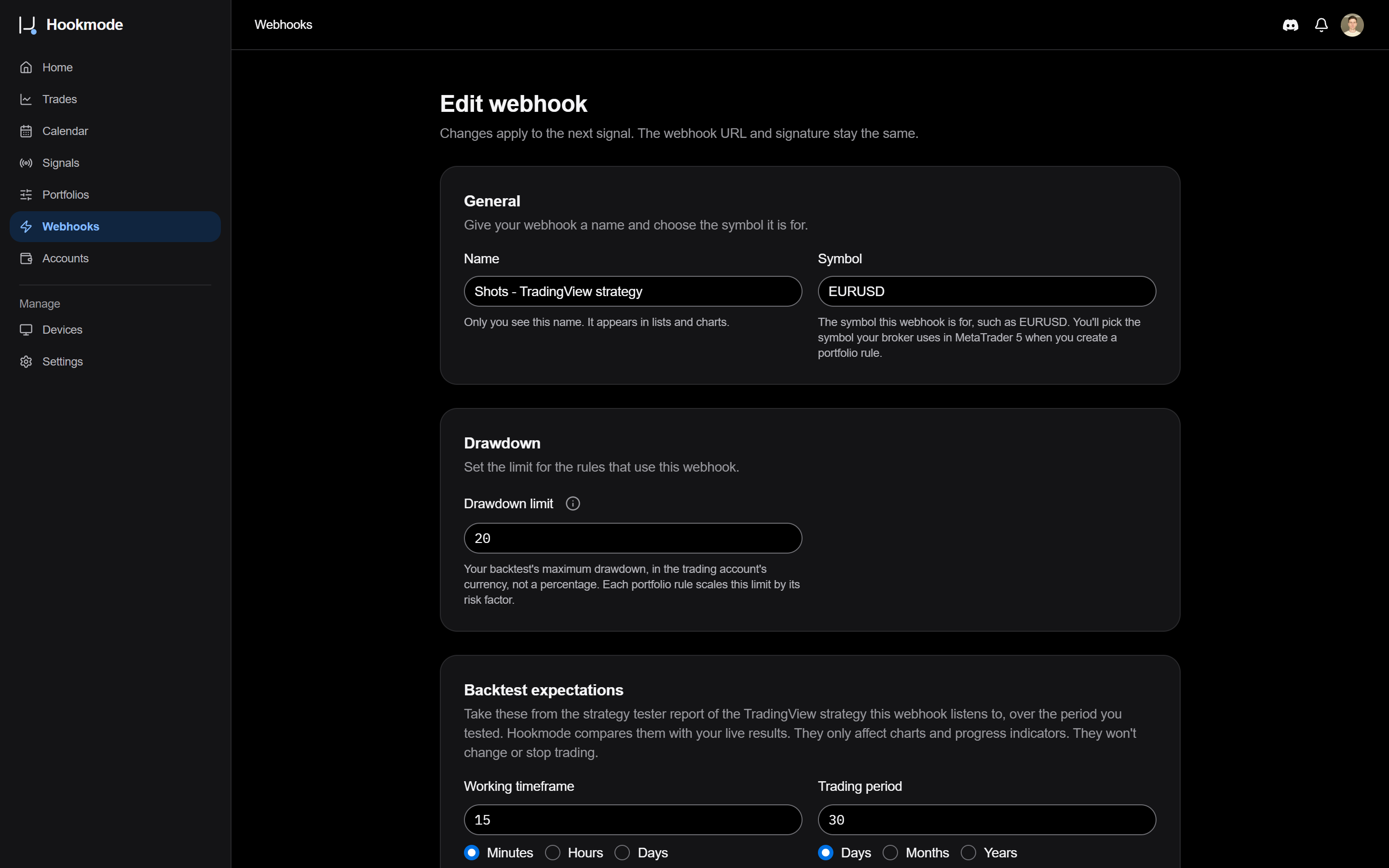 Hookmode webhook form showing the name, symbol, drawdown limit and backtest expectations, with the side settings continuing below.