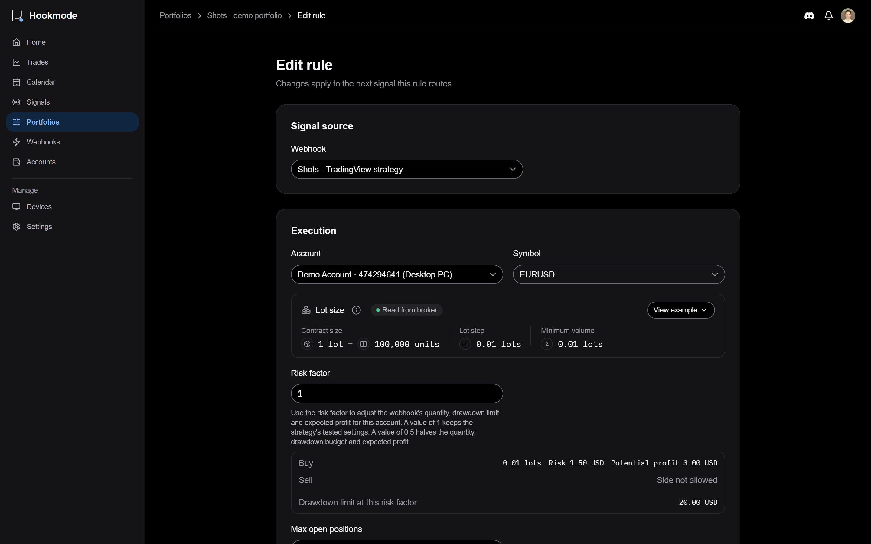 Hookmode portfolio rule linking a TradingView webhook to a demo account and broker symbol.