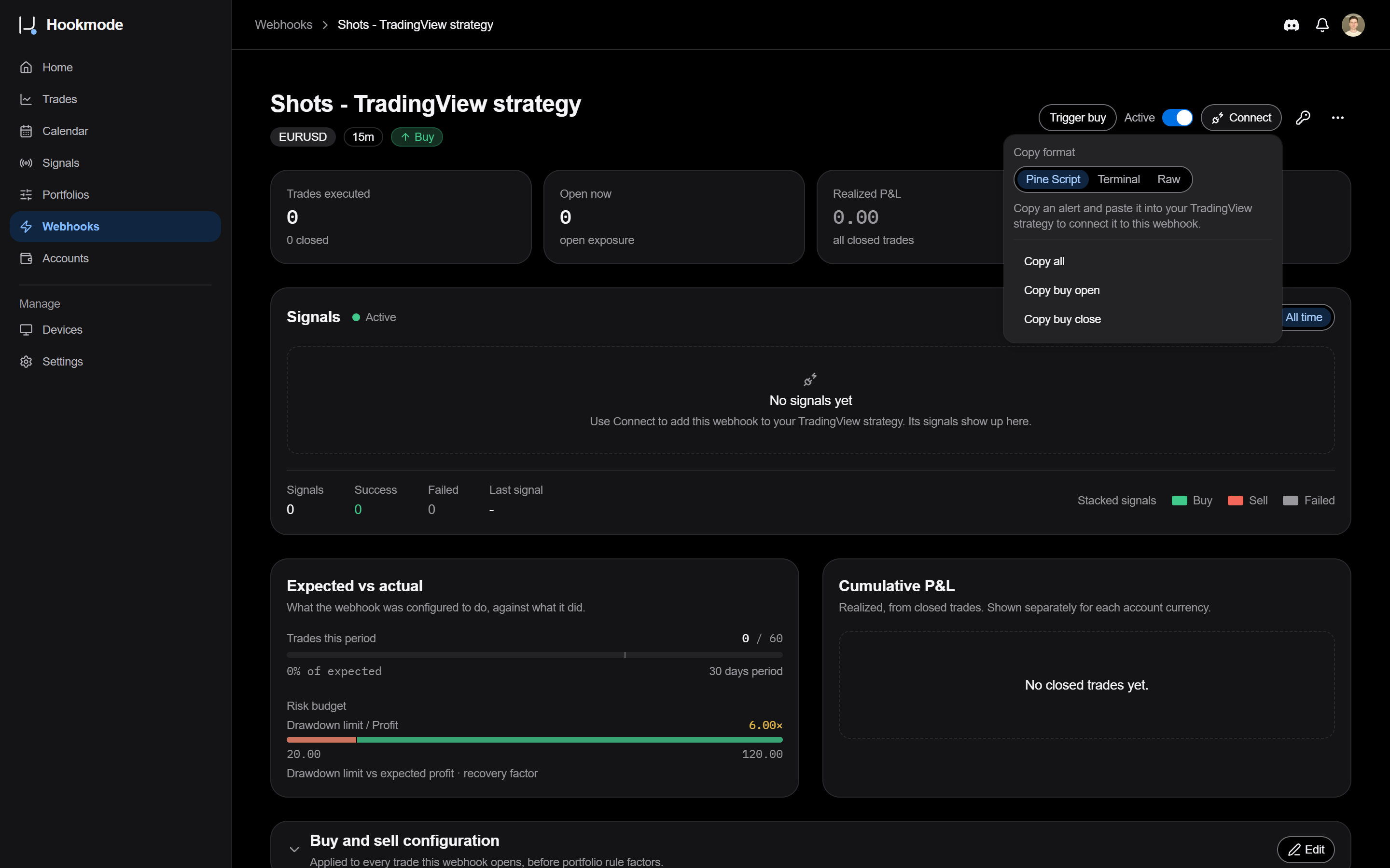 Hookmode webhook page with the Connect menu open, showing the Pine Script format and copy actions for the buy opening and closing messages.