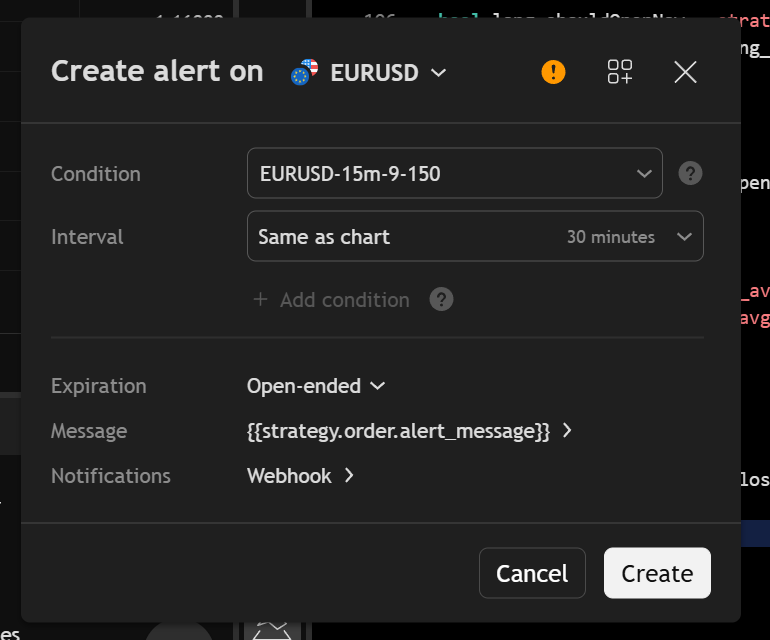 TradingView strategy alert with {{strategy.order.alert_message}} in the Message field and the Notifications section collapsed.