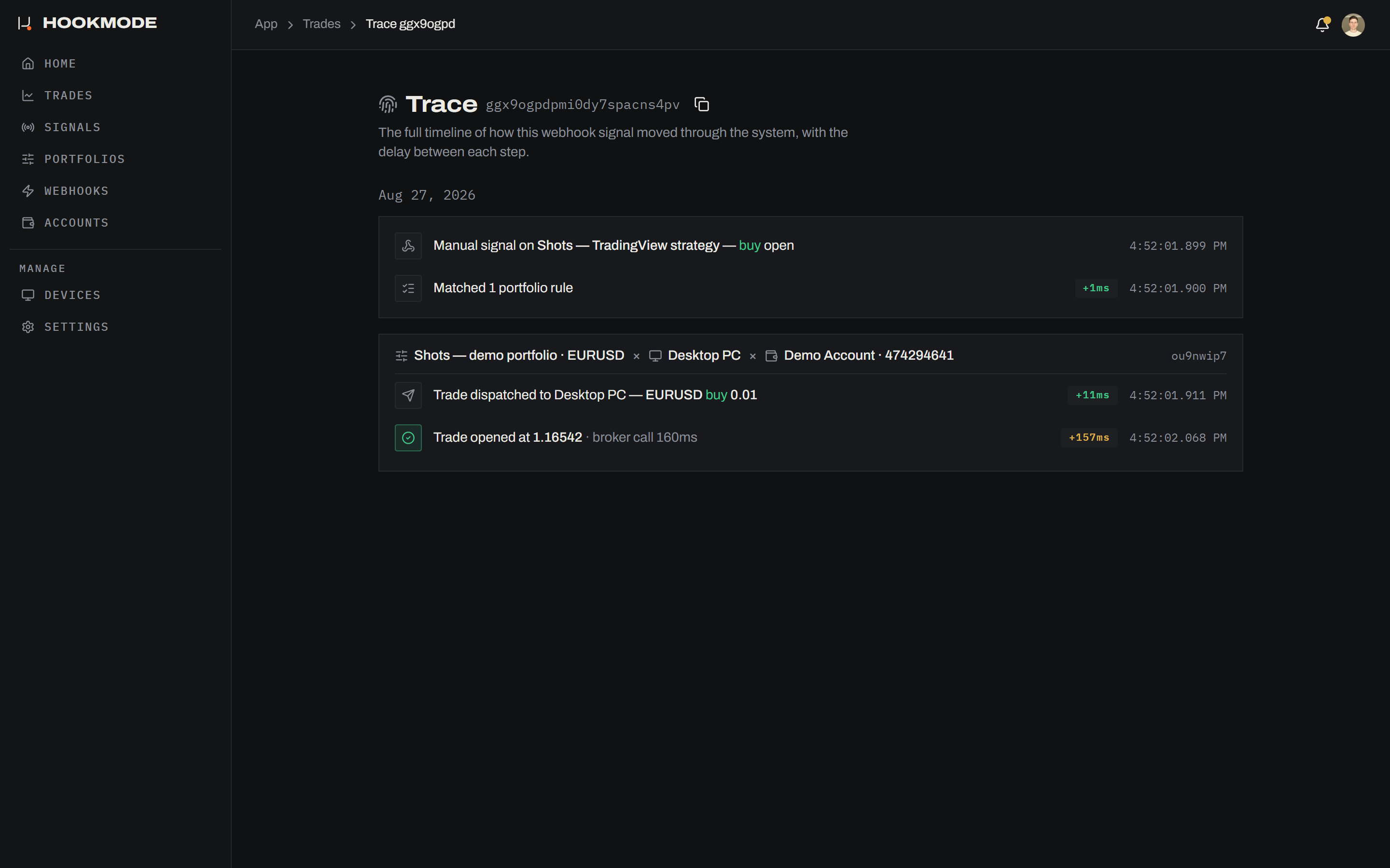 The trace page of a Hookmode trade: webhook received, rules matched, trades matched, trade dispatched and trade opened, each with a millisecond delta.