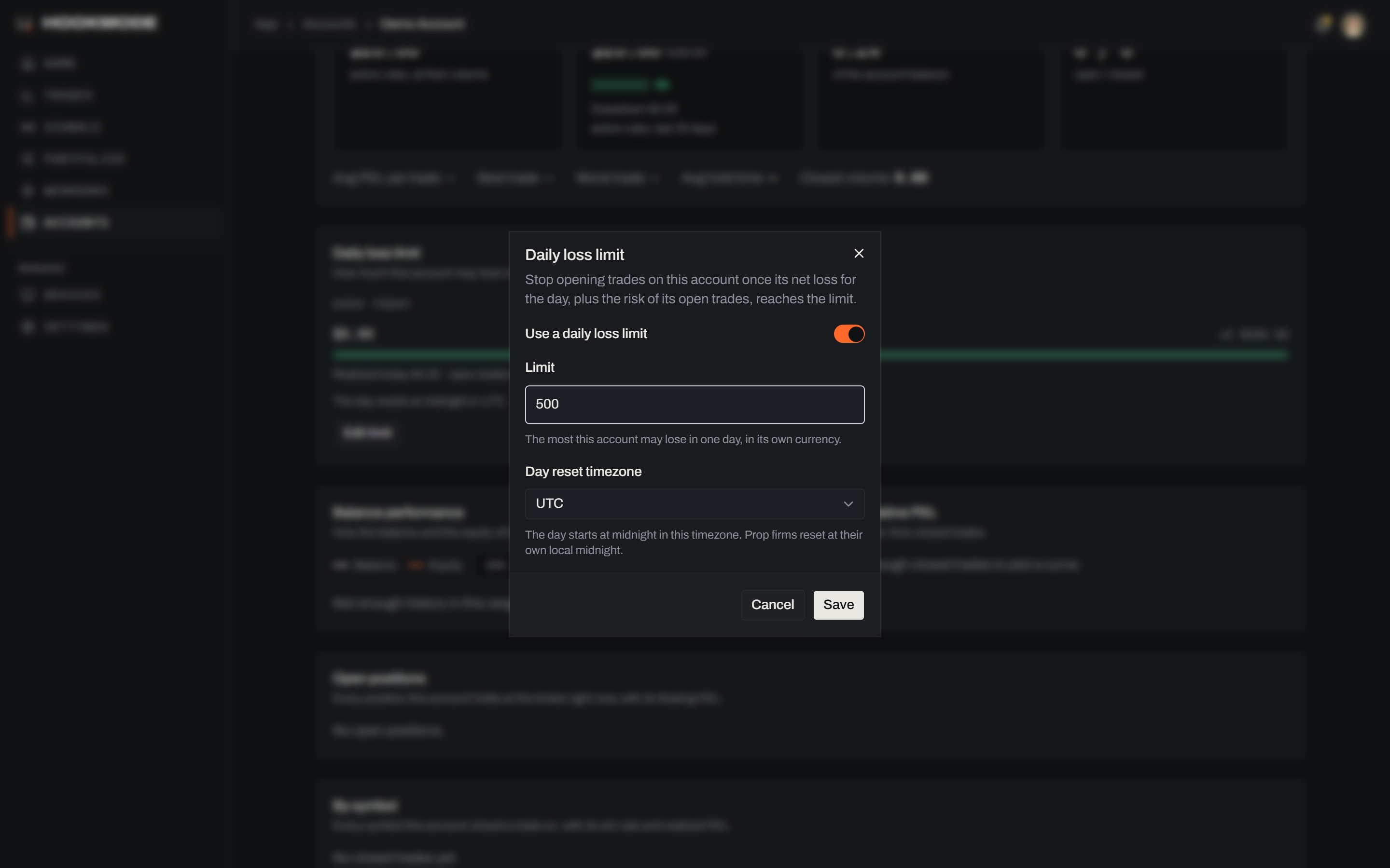 Hookmode guardrails: the daily loss limit meter on the account and a blocked rule with the Reset drawdown button.