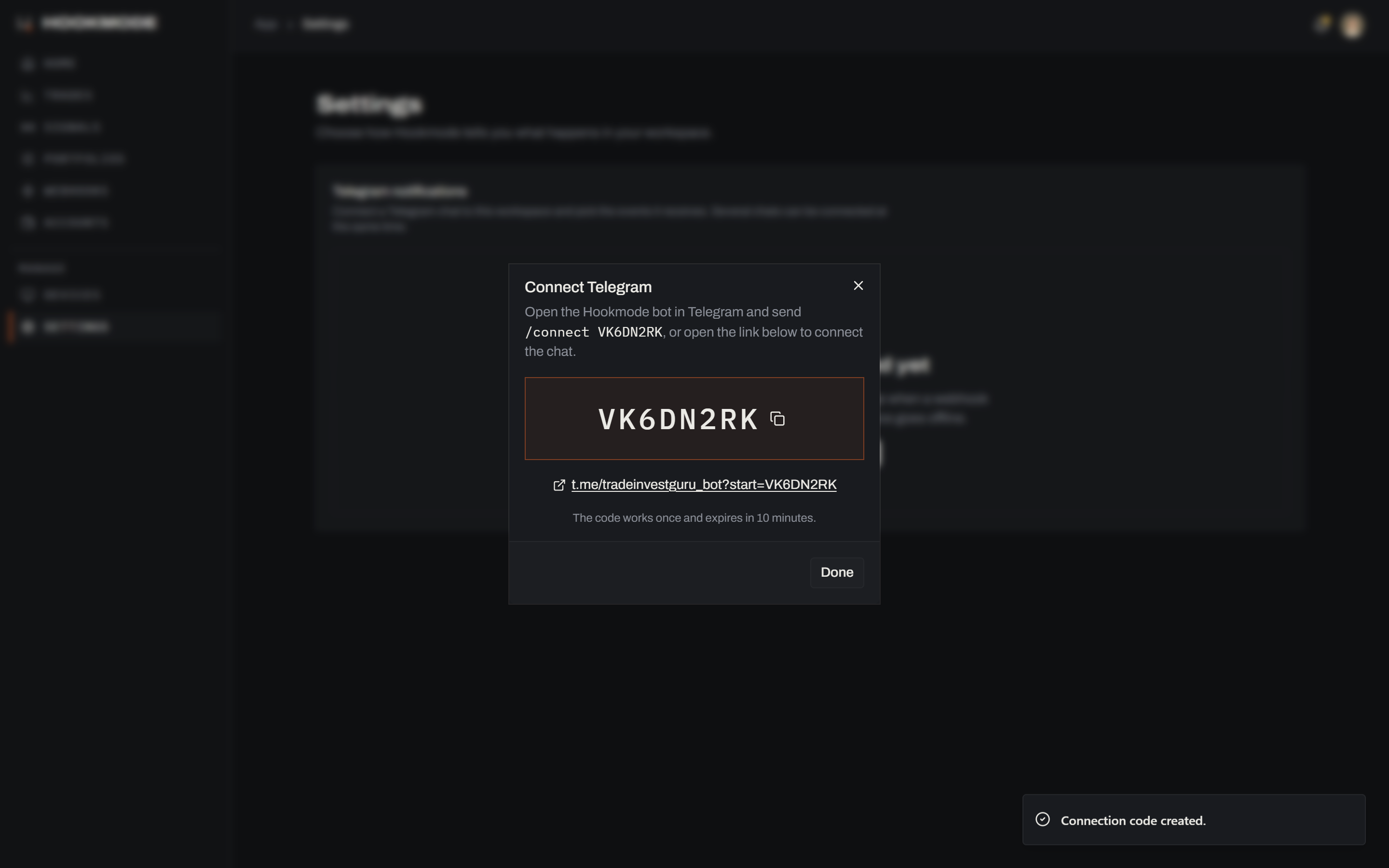 The Telegram connect dialog in Hookmode Settings with a connection code and the t.me link.