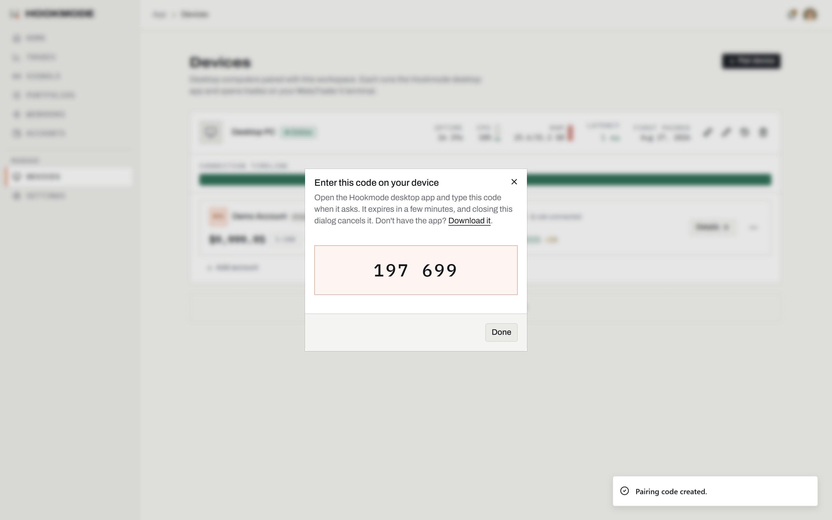 The Pair device dialog in the Hookmode web app showing a 6-digit pairing code.