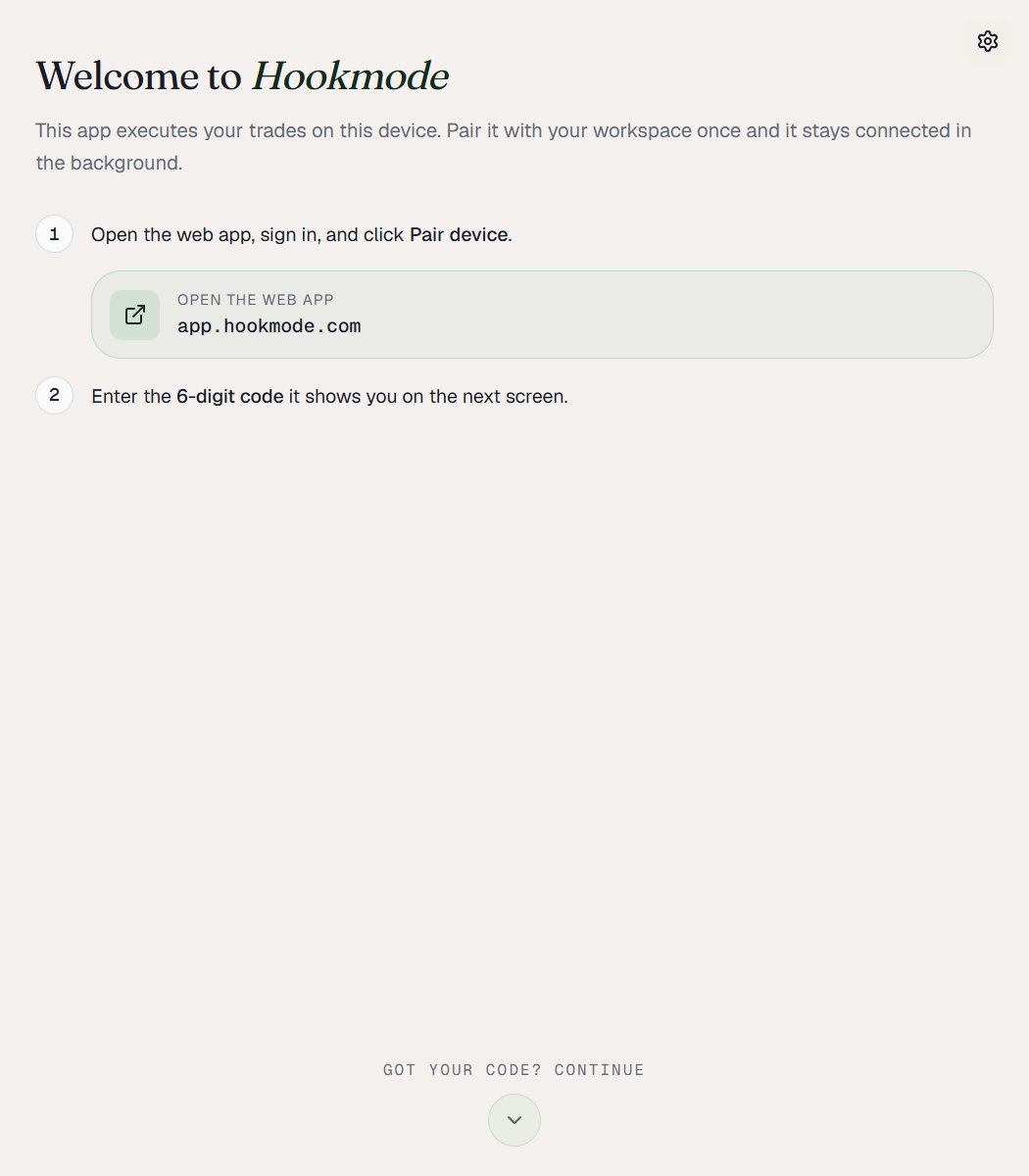 The Hookmode desktop app setup screen on first launch, asking for the 6-digit pairing code.