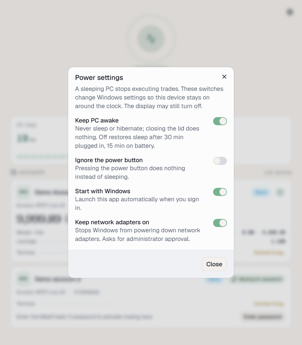 The Power settings dialog of the Hookmode desktop app: Keep PC awake, Ignore the power button, Start with Windows, Keep network adapters on.