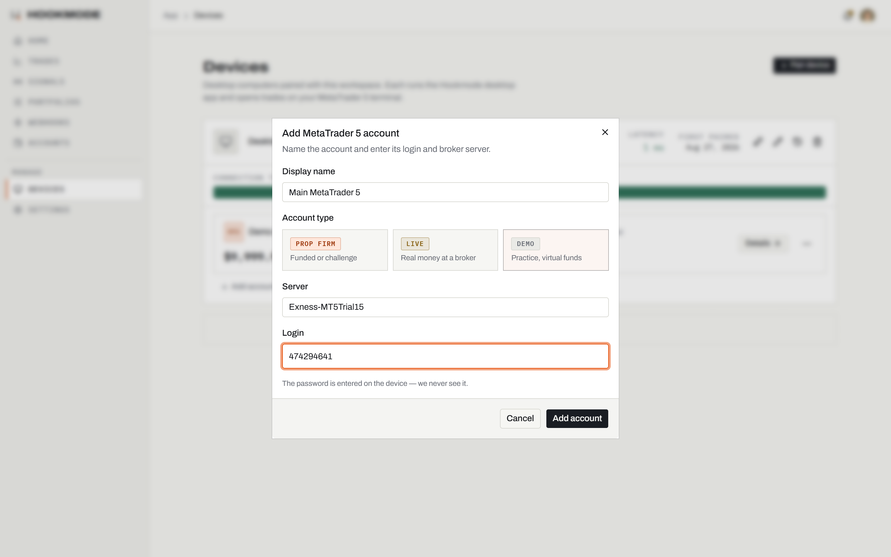 The Add MetaTrader 5 account dialog in the Hookmode web app: display name, account type, server and login; no password field.