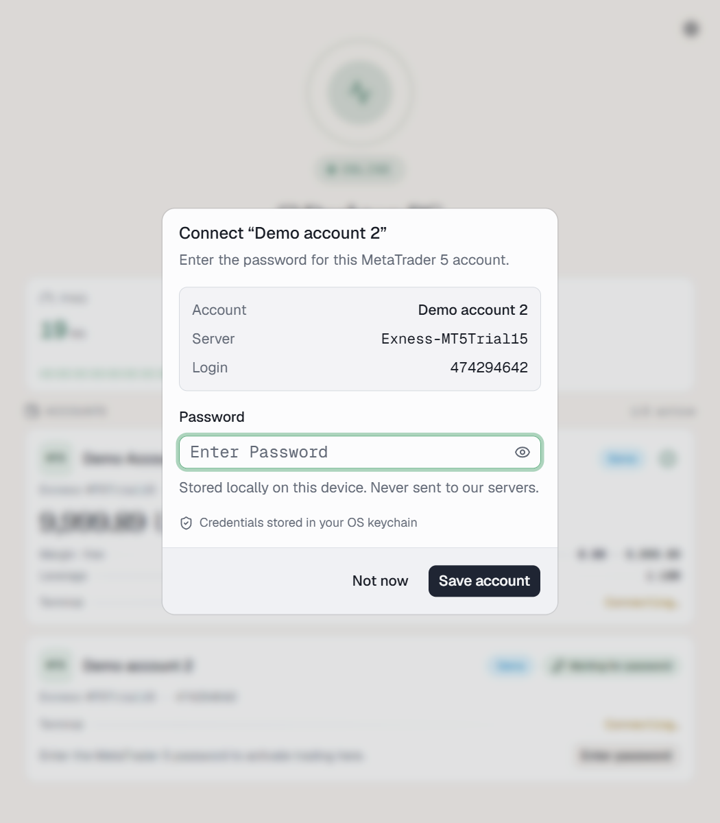 The Hookmode desktop app password prompt for a new MetaTrader 5 account, with the name and server shown read-only.