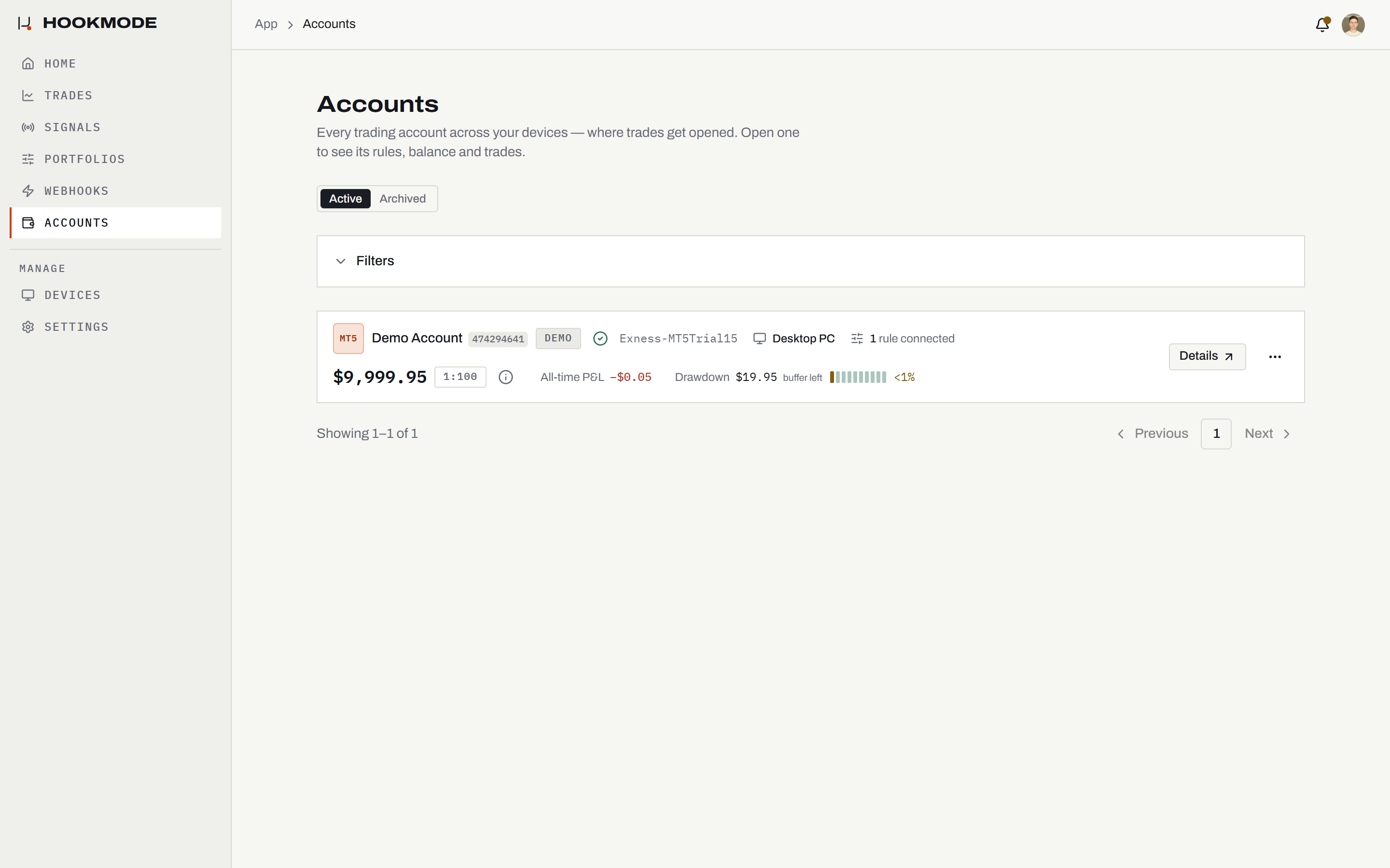 The Accounts page in the Hookmode web app with one account in the Active state and its account type tag.