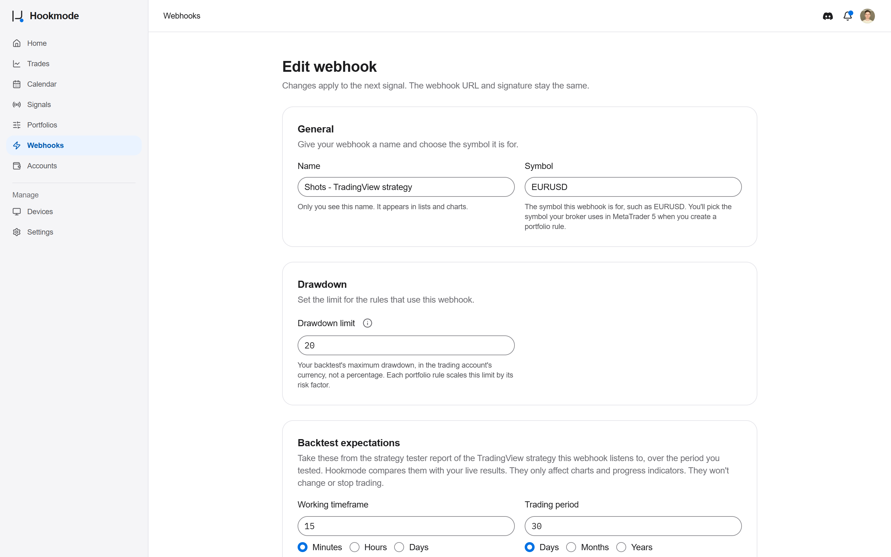 Hookmode webhook form showing the name, symbol, drawdown limit and backtest expectations, with the side settings continuing below.