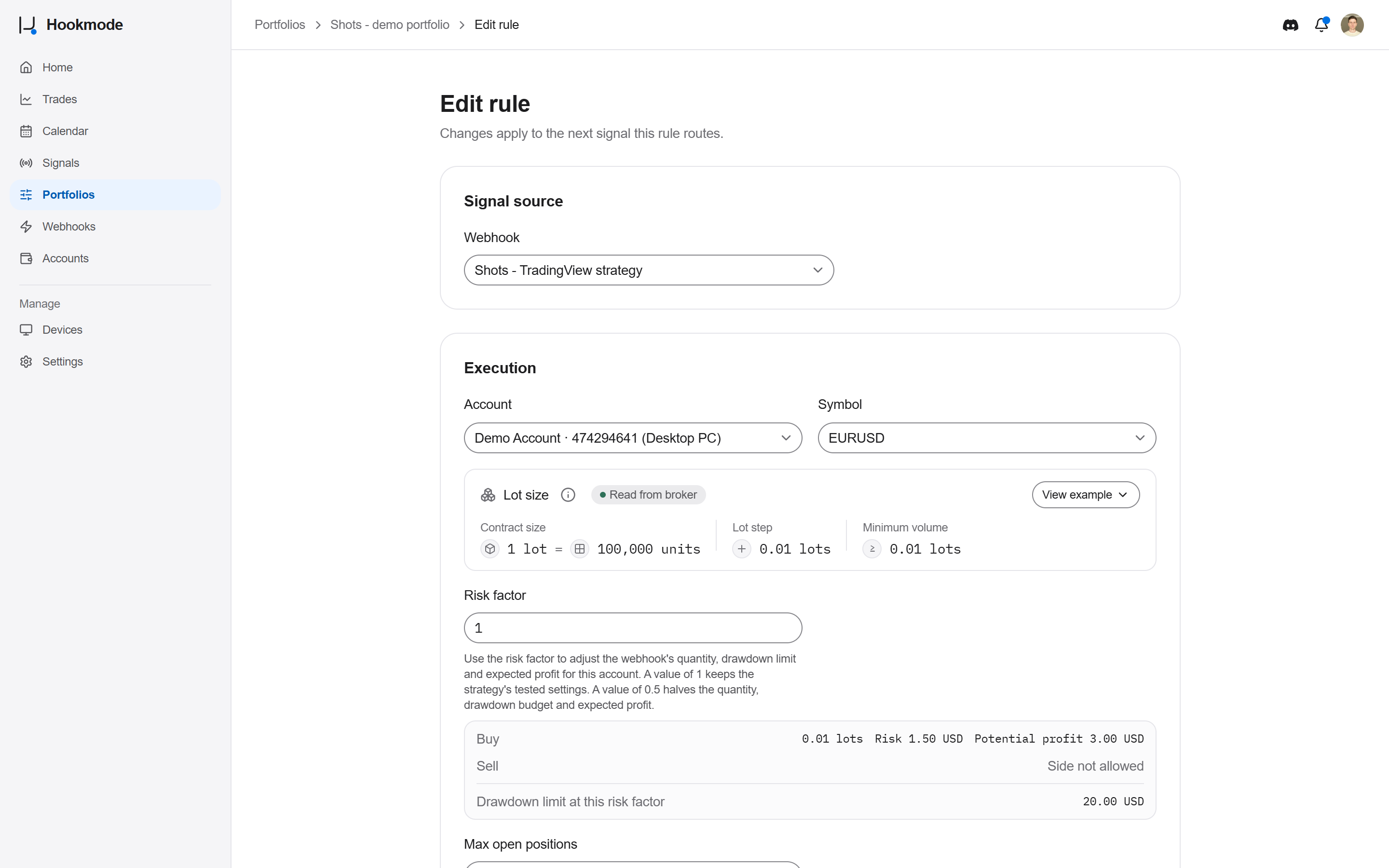 Hookmode portfolio rule linking a TradingView webhook to a demo account and broker symbol.
