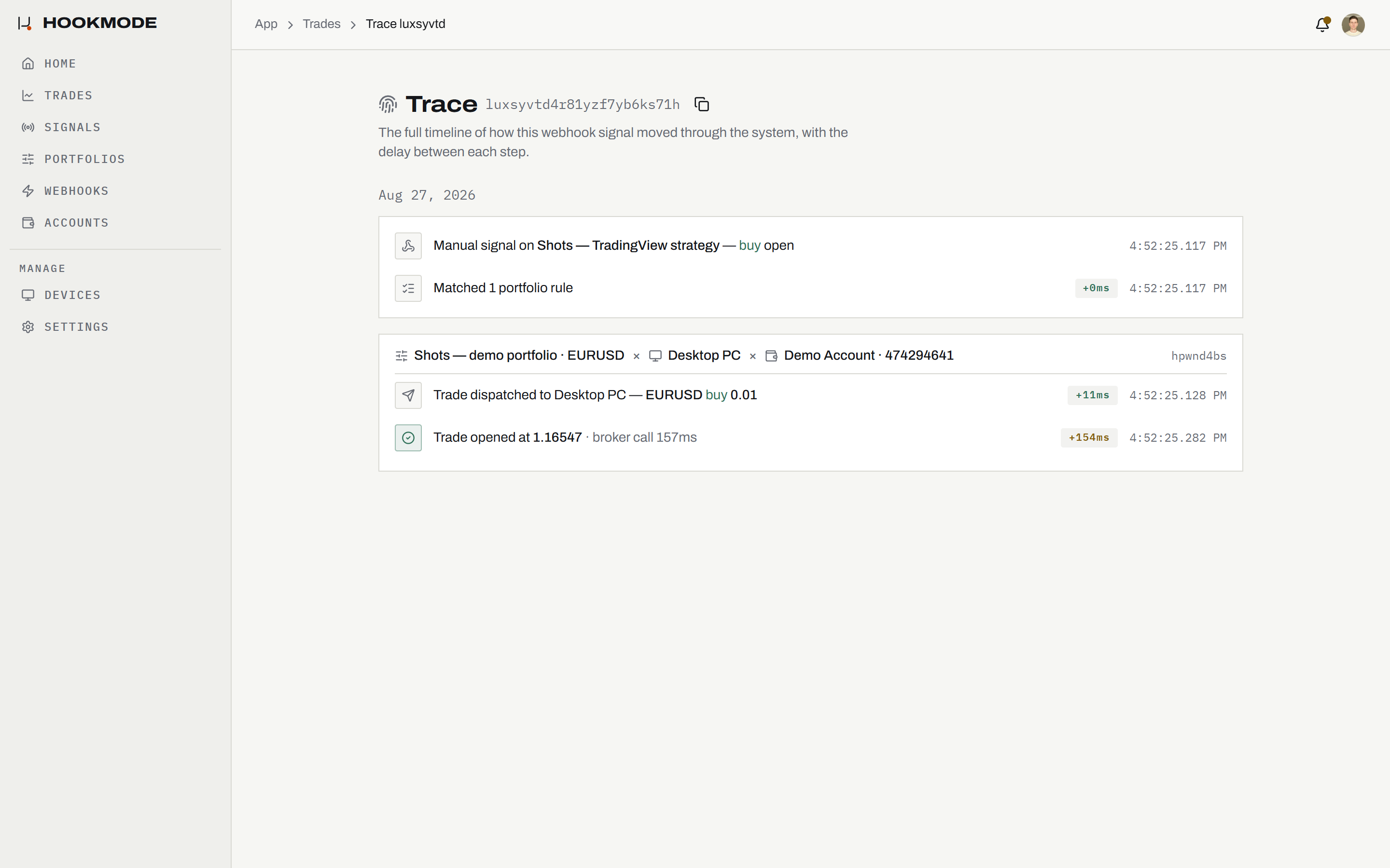 The trace page of a Hookmode trade: webhook received, rules matched, trades matched, trade dispatched and trade opened, each with a millisecond delta.