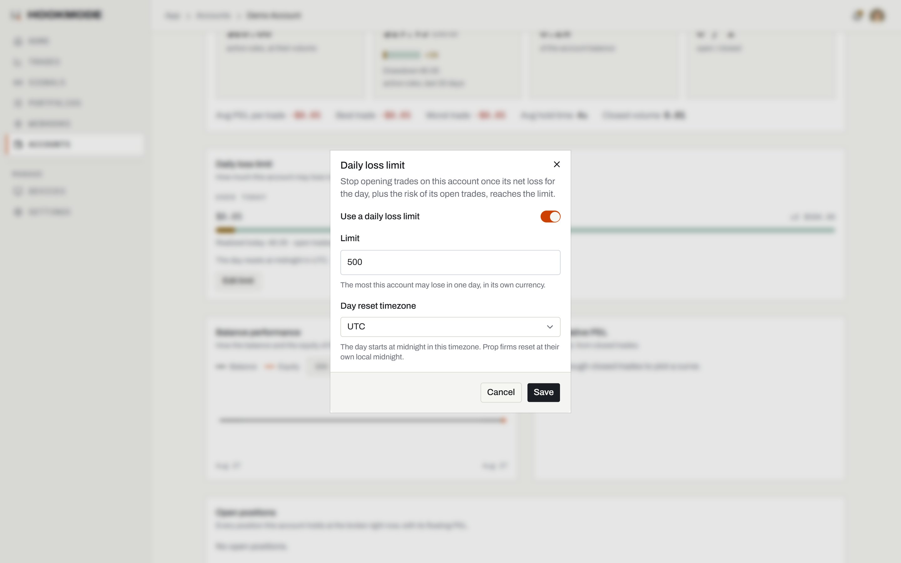 Hookmode guardrails: the daily loss limit meter on the account and a blocked rule with the Reset drawdown button.