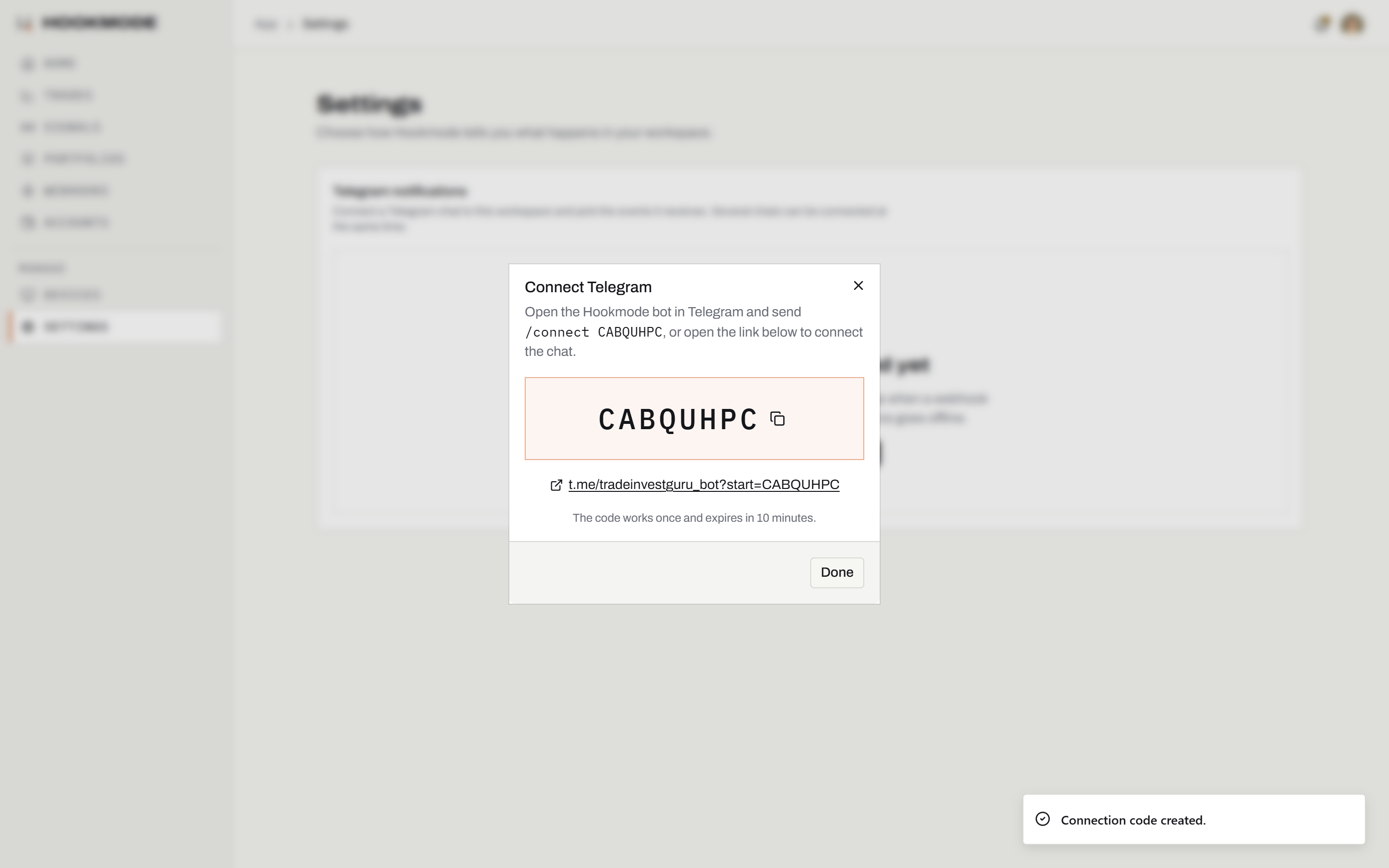 The Telegram connect dialog in Hookmode Settings with a connection code and the t.me link.